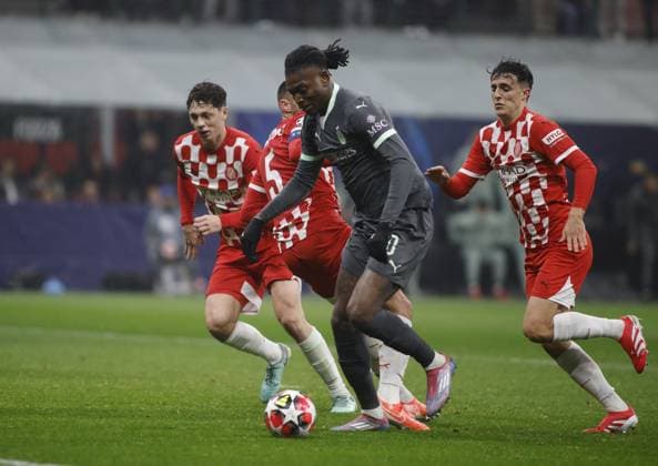 Rafel Leao of AC Milan scoring a goal during the Uefa Champions League, 2024 25 season, football match between AC Milan and Girona FC on 22 January 2025 at Giuseppe Meazza Stadium, San Siro, Milan, Italy. Photo Nderim Kaceli  Copyright: xNderimxKaceli IPAxSportx xipa-agency.netx xx IPA_53226589 IPA_Agency_IPA53226589