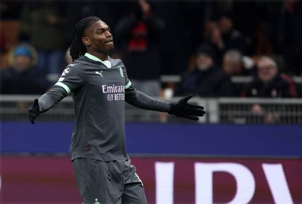 Rafael Leao (Ac Milan) celebrates after scoring his team s first goal, UEFA Champions League 2024 25 League Phase MD7, AC Mailand v FC Girona, Stadio Giuseppe Meazza (San Siro), January 22, 2025, Milan, Italy.