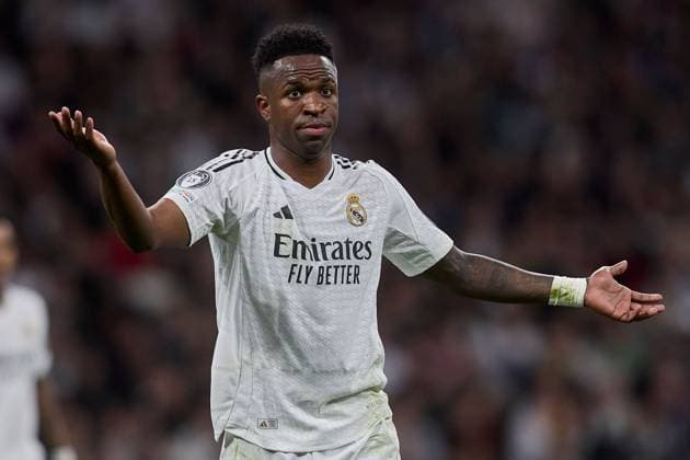 Vinicius Jr of Real Madrid CF Real Madrid v Red Bull Salzburg FC, UEFA Champions League, Football, Riyadh Air Metropolitano, Madrid, Spain - 22 Jan 2025 EDITORIAL USE ONLY No use with unauthorised audio, video, data, fixture lists, club league logos or live services. Online in-match use limited to 120 images, no video emulation. No use in betting, games or single club league player publications. Copyright: xRubenxAlbarran Shutterstockx 15112729a