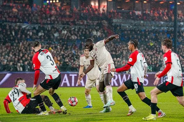 ROTTERDAM, 22-01-2025, Stadium Feijenoord de Kuip, season 2024 2025 , Uefa Champions League. Match between Feyenoord - Bayern Munchen Bayern Munchen player Dayot Upamecano shoots Feyenoord - Bayern Munchen  x27514400x Copyright: