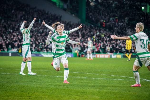 Football UEFA Champions League 2024 2025, Matchday 7 Celtic Glasgow vs Young Boys Bern YB Celtic Park Glasgow, Scotland Goal and goal celebration by Kyogo Furuhashi Celtic Glasgow, 8 goals was not given by however Copyright: xJOERANxSTEINSIEKx
