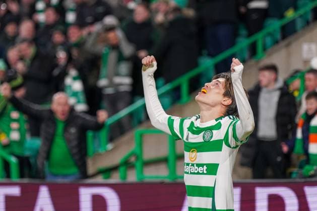 Football UEFA Champions League 2024 2025, Matchday 7 Celtic Glasgow vs Young Boys Bern YB Celtic Park Glasgow, Scotland Goal and goal celebration by Kyogo Furuhashi Celtic Glasgow, 8 goals was not given by however Copyright: xJOERANxSTEINSIEKx