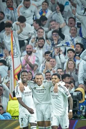SOCCER - UEFA CL, Madrid vs RBS MADRID,SPAIN,22.JAN.25 - SOCCER - UEFA Champions League, Real Madrid CF vs Red Bull Salzburg. Image shows the rejoicing of Vinicius Junior, Kylian Mbappe and Rodrygo (Madrid).  GEPAxpictures xFelipexMondino