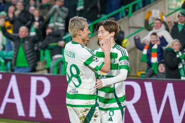 Football UEFA Champions League 2024 2025, matchday 7 Celtic Glasgow vs Young Boys Bern YB Celtic Park Glasgow, Scotland Goal and goal celebration by Kyogo Furuhashi Celtic Glasgow, 8 with Daizen Maeda Celtic Glasgow, 38 goals was however not given by Copyright: xJOERANxSTEINSIEKx
