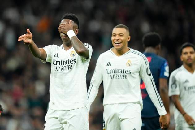 Real Madrid C.F. v FC Salzburg - UEFA Champions League 2024 25 League Phase MD7 Vinicius Junior left winger of Real Madrid and Brazil celebrates after scoring his sides first goal during the UEFA Champions League 2024 25 League Phase MD7 match between Real Madrid C.F. and FC Salzburg at Estadio Santiago Bernabeu on January 22, 2025 in Madrid, Spain. Madrid Spain  Copyright: xJosexBretonx originalFilename:bretonhernandez-realmadr250122_npcOc.jpg