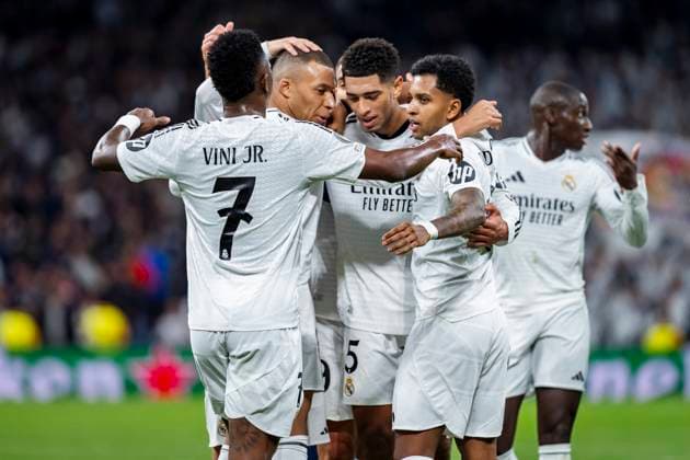 Champions League 2024 25 League Phase MD7: Real Madrid CF vs FC Salzburg Real Madrid players (from L to R) Vinicius Junior, Kylian Mbappe, Jude Bellingham, Rodrygo Silva de Goes celebrates a goal during the UEFA Champions League 2024 25 League Phase MD7 match between Real Madrid CF and FC Salzburg at Estadio Santiago Bernabeu on January 22, 2025 in Madrid, Spain. Madrid Estadio Santiago Bernabeu Madrid Spain Copyright: xAlbertoxGardinx AGardin_20250121_Football_Champions_Real Madrid_Salzburg_0319