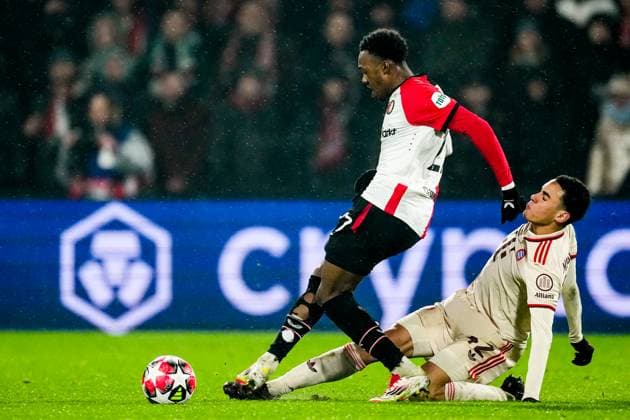 UEFA Champions League: Feyenoord v FC Bayern Munich Rotterdam - Antoni Milambo of Feyenoord, Jamal Musiala of FC Bayern Munich during the seventh round of new format of the Champions League 2024 2025. The match is set between Feyenoord and FC Bayern Munich at Stadion Feijenoord De Kuip on 22 January 2025 in Rotterdam, The Netherlands. Copyright: xTomxBodex