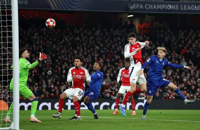 London, England, 22nd January 2025. Arsenal s Kai Havertz scoring and celebrating his sides second goal during the UEFA Champions League match at the Emirates Stadium, London. Picture credit should read: David Klein Sportimage EDITORIAL USE ONLY. No use with unauthorised audio, video, data, fixture lists, club league logos or live services. Online in-match use limited to 120 images, no video emulation. No use in betting, games or single club league player publications. SPI_031_DK_Arsneal_Zagreb SPI-3614-0030