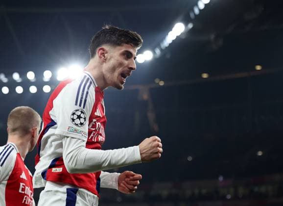 London, England, 22nd January 2025. Arsenal s Kai Havertz scoring and celebrating his sides second goal during the UEFA Champions League match at the Emirates Stadium, London. Picture credit should read: David Klein Sportimage EDITORIAL USE ONLY. No use with unauthorised audio, video, data, fixture lists, club league logos or live services. Online in-match use limited to 120 images, no video emulation. No use in betting, games or single club league player publications. SPI_042_DK_Arsneal_Zagreb SPI-3614-0041
