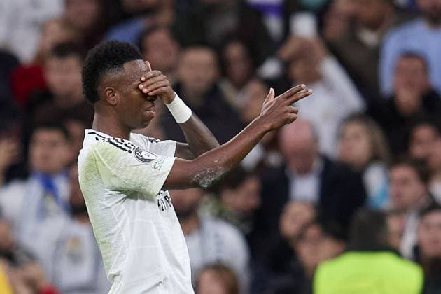 Vinicius Jr of Real Madrid CF celebrates after scoring a goal Real Madrid v Red Bull Salzburg FC, UEFA Champions League, Football, Riyadh Air Metropolitano, Madrid, Spain - 22 Jan 2025 EDITORIAL USE ONLY No use with unauthorised audio, video, data, fixture lists, club league logos or live services. Online in-match use limited to 120 images, no video emulation. No use in betting, games or single club league player publications. Copyright: xRubenxAlbarran Shutterstockx 15112729bz