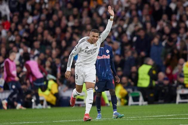 January 22, 2025, Madrid, Madrid, Spain: Kylian Mbappe of Real Madrid CF celebrates after scoring a goal during the UEFA Champions League football match between Real Madrid CF and RB Salzburg at Santiago Bernabeu Stadium in Madrid, Spain, January 22, 2025 Madrid Spain - ZUMAa206 20250122_zsp_a206_068 Copyright: xRubenxAlbarranx