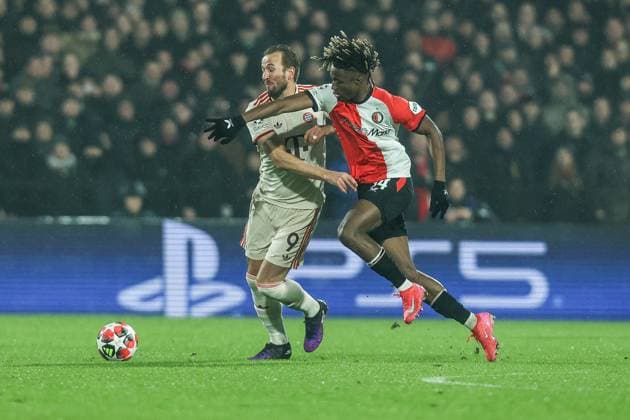 Sport, Football, UEFA Champions League Season 2024 2025 League Phase 7 Matchday Feyenoord Rotterdam FC Bayern Munich 22 01 2025, Stadion Feijenoord De Kuip Harry Kane FC Bayern Munich, 9 Chris Kevin Nadje Feyenoord Rotterdam, 34 Rotterdam Stadion Feijenoord De Kuip Netherlands