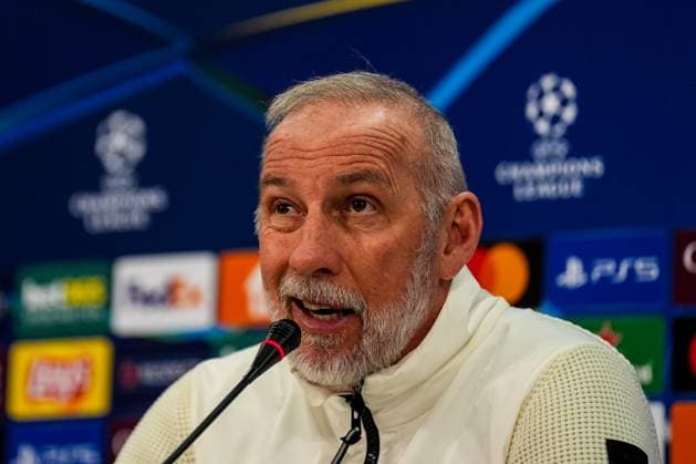 GELSENKIRCHEN, GERMANY - JANUARY 22: Stade Brestois 29 head coach Eric Roy attends a press conference, PK, Pressekonferenz after the UEFA Champions League 2024 25 League Phase MD7 match between FC Shakhtar Donetsk and Stade Brestois 29 at Arena AufSchalke on January 22, 2025 in Gelsenkirchen, Germany. (Photo by Rene Nijhuis) SOC  Copyright: xRenexNijhuis