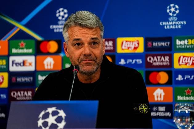 GELSENKIRCHEN, GERMANY - JANUARY 22: FC Shakhtar Donetsk head coach Marino Pusic attends a press conference, PK, Pressekonferenz after the UEFA Champions League 2024 25 League Phase MD7 match between FC Shakhtar Donetsk and Stade Brestois 29 at Arena AufSchalke on January 22, 2025 in Gelsenkirchen, Germany. (Photo by Rene Nijhuis) SOC  Copyright: xRenexNijhuis