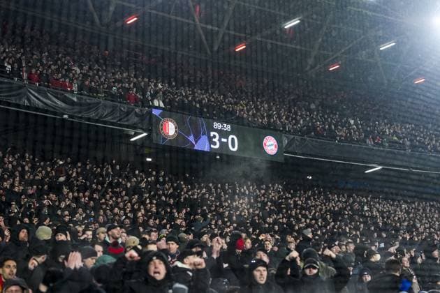 UEFA Champions League: Feyenoord v FC Bayern Munich Rotterdam - The score during the seventh round of new format of the Champions League 2024 2025. The match is set between Feyenoord and FC Bayern Munich at Stadion Feijenoord De Kuip on 22 January 2025 in Rotterdam, The Netherlands. Copyright: xTomxBodex