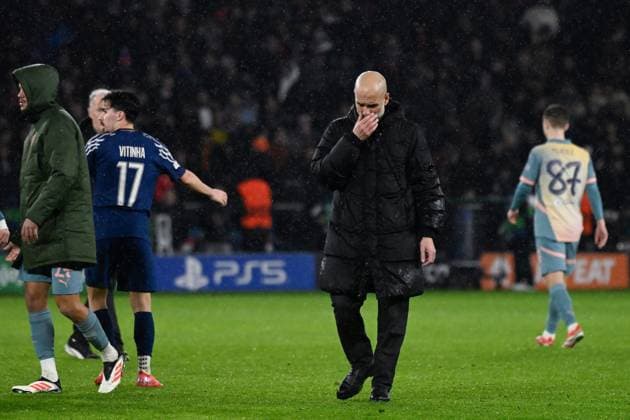 FOOTBALL : PSG vs Manchester City - Ligue des Champions - 22 01 2025 Josep Guardiola ( coach Manchester City ) looks dejected following the UEFA Champions League match between Paris Saint Germain and Manchester City at Parc Des Princes on January 22, 2025 in Paris, France. ( Photo by Dante Badano PsnewZ ) - ParisFrance  Copyright: xDantexBadanox