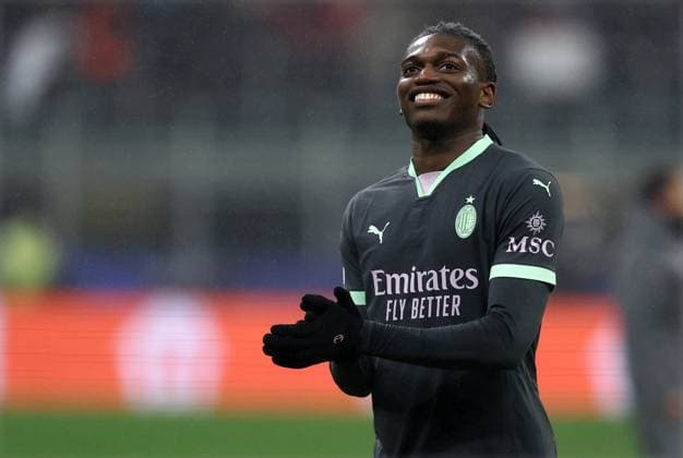 Rafael Leao (Ac Milan) celebrate after winning, UEFA Champions League 2024 25 League Phase MD7, AC Mailand v FC Girona, Stadio Giuseppe Meazza (San Siro), January 22, 2025, Milan, Italy.