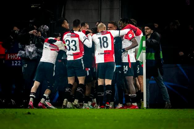 Players of SC Feyenoord Rotterdam celebrating the goal during the match Feyenoord Bayern Munchen at the Stadium De Kuip for the UEFA Champions League League Phase Matchday 7 season 2024 2025 in ROTTERDAM, Netherlands on 22 january 2025, photo by Marcel van Dorst EYE4images DeFodi Images Defodi 746 209939 Defodi-746
