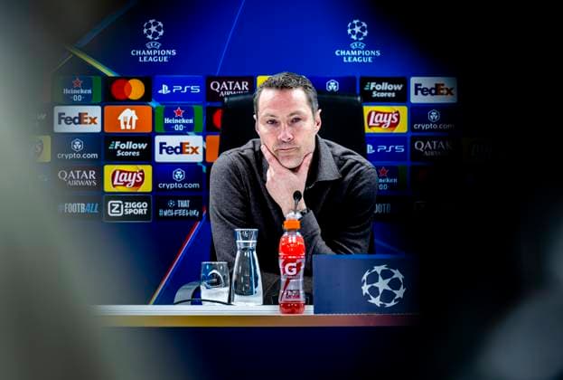 Feyenoord Rotterdam trainer Brian Priske during te press conference after the match Feyenoord Bayern Munchen at the Stadium De Kuip for the UEFA Champions League League Phase Matchday 7 season 2024 2025 in ROTTERDAM, Netherlands on 22 january 2025, photo by Marcel van Dorst EYE4images DeFodi Images Defodi 746 209971 Defodi-746