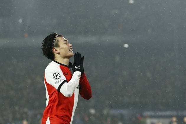 ROTTERDAM - Ayase Ueda of Feyenoord celebrates 3-0 during the UEFA Champions League match between Feyenoord and FC Bayern Munich at Feyenoord Stadium de Kuip on Jan. 22, 2025 in Rotterdam, Netherlands. ANP MAURICE VAN STEEN UEFA Champions League 2024 25 League phase 7 2024 25 xVIxANPxSportx xxANPxIVx 518105743 originalFilename: 518105743.jpg