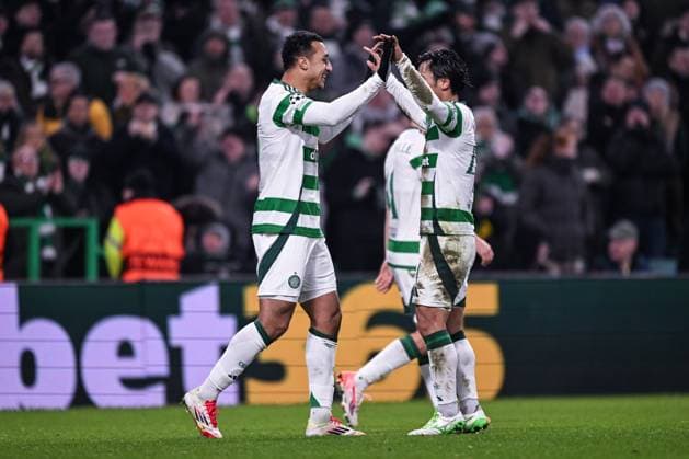 GLASGOW, SCOTLAND - JANUARY 22: Reo Hatate of Celtic R) celebrates with his teammates after winning during the UEFA Champions League 2024 25 League Phase MD7 match between Celtic FC and BSC Young Boys at Celtic Park on January 22, 2025 in Glasgow, Scotland. Glasgow Celtic Park Scotland United Kingdom Copyright: xJustPictures.ch RichardxCallisx jp-en-EuSpIm-RMC_3492-20250122