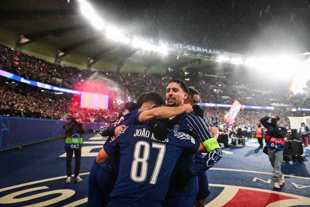Champions League PSG vs Manchester City - FA Paris Saint-Germain’s defender Marquinhos and Paris Saint-Germain’s midfielder Joao Neves celebrate scoring a goal during the UEFA Champions League football match between Paris Saint-Germain and Manchester City FC at the Parc des Princes Stadium in Paris on January 22, 2025. Photo by Firas Abdullah ABACAPRESS.COM Paris Ile-de-France France  Copyright: xAbdullahxFiras ABACAx