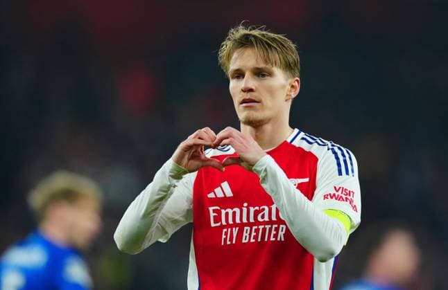 Martin Odegaard of Arsenal celebrates scoring a goal after making it 3-0 Arsenal v Dinamo Zagreb, UEFA Champions League, Group Stage, Football, Emirates Stadium, London, UK - 22 Jan 2025 EDITORIAL USE ONLY No use with unauthorised audio, video, data, fixture lists, club league logos or live services. Online in-match use limited to 120 images, no video emulation. No use in betting, games or single club league player publications. Copyright: xJavierxGarcia Shutterstockx 15108893at