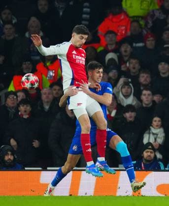 Raul Torrente of Dinamo Zagreb grapples with Kai Havertz of Arsenal Arsenal v Dinamo Zagreb, UEFA Champions League, Group Stage, Football, Emirates Stadium, London, UK - 22 Jan 2025 EDITORIAL USE ONLY No use with unauthorised audio, video, data, fixture lists, club league logos or live services. Online in-match use limited to 120 images, no video emulation. No use in betting, games or single club league player publications. Copyright: xJavierxGarcia Shutterstockx 15108893ev
