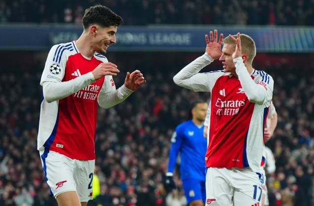 Kai Havertz of Arsenal celebrates scoring a goal after making it 2-0 with Oleksandr Zinchenko Arsenal v Dinamo Zagreb, UEFA Champions League, Group Stage, Football, Emirates Stadium, London, UK - 22 Jan 2025 EDITORIAL USE ONLY No use with unauthorised audio, video, data, fixture lists, club league logos or live services. Online in-match use limited to 120 images, no video emulation. No use in betting, games or single club league player publications. Copyright: xJavierxGarcia Shutterstockx 15108893es