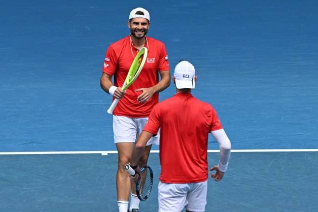 TENNIS AUSTRALIAN OPEN, Andrea Vavassori (right) and Simone Bolelli of Italy celebrate winning thier men?s doubles semi-final match against Andre Goransson of Sweden and Sem Verbeek of the Netherlands, during the 2025 Australian Open at Melbourne Park in Melbourne, Thursday, January 23, 2025. ( NO ARCHIVING, EDITORIAL USE ONLY, NO USE IN BOOKS WITHOUT CONSENT MELBOURNE VICTORIA AUSTRALIA  Copyright: xJAMESxROSSx 20250123113706470928