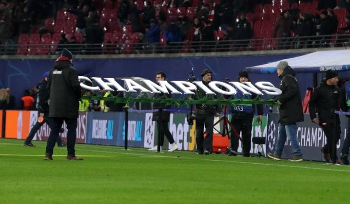 Champions lettering is built up dismantled Symbol image Feature Sport Football Soccer UEFA Champions League UCL Men 7 Matchday Season 2024 2025 22 01 2025 Rasen Ballsport RB Leipzig RBL vs Sporting Lisbon DFL regulations prohibit any use of photographs as image sequences and or quasi video