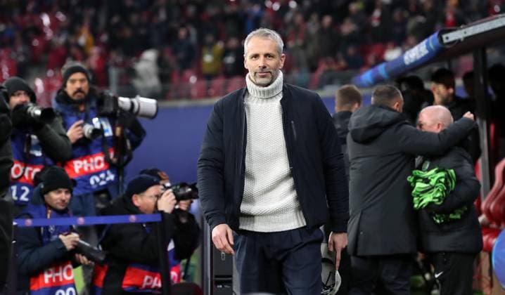 Coach Marco Rose smiles Action upper body Sport Football Soccer UEFA Champions League UCL Men 7 Matchday Season 2024 2025 22 01 2025 Rasen Ballsport RB Leipzig RBL vs Sporting Lisbon DFL regulations prohibit any use of photographs as image sequences and or quasi video
