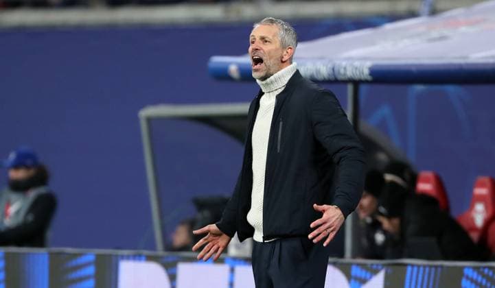 Coach Marco Rose shouts, gestures action upper body Sport Football Soccer UEFA Champions League UCL Men 7 Matchday Season 2024 2025 22 01 2025 Rasen Ballsport RB Leipzig RBL vs Sporting Lisbon DFL regulations prohibit any use of photographs as image sequences and or quasi video