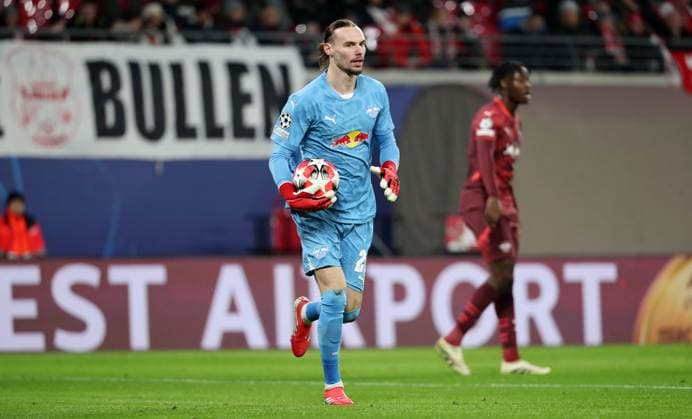 Goalkeeper Maarten Vandevoordt single image cropped action sport soccer soccer UEFA Champions League UCL men 7 matchday season 2024 2025 22 01 2025 Rasen Ballsport RB Leipzig RBL vs Sporting Lisbon DFL regulations prohibit any use of photographs as image sequences and or quasi video