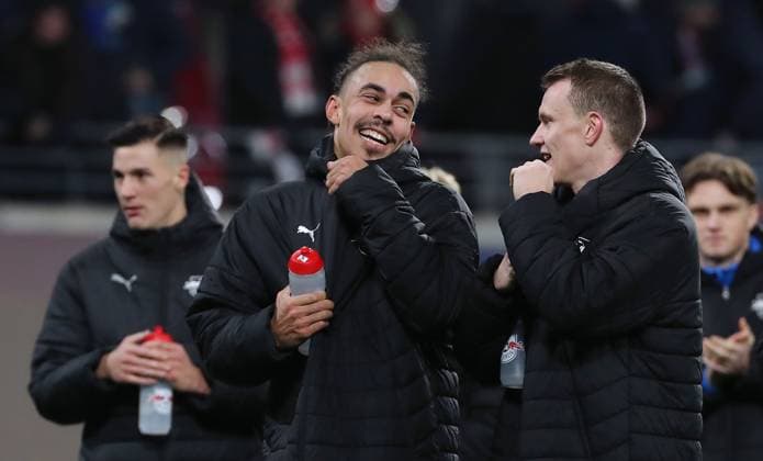 Yussuf Poulsen laughs, David Raum, Leipzig celebrate victory in front of fans Joy Emotion Cheers after end of match Sport Football Soccer UEFA Champions League UCL Men 7 Matchday Season 2024 2025 22 01 2025 Rasen Ballsport RB Leipzig RBL vs Sporting Lisbon DFL regulations prohibit any use of photographs as image sequences and or quasi video