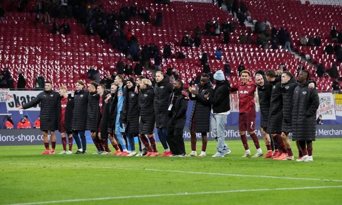 Leipzig team celebrates victory in front of the fans Joy Emotion Cheering after the end of the match Sport Football Soccer UEFA Champions League UCL Men 7 Matchday Season 2024 2025 22 01 2025 Rasen Ballsport RB Leipzig RBL vs Sporting Lisbon DFL regulations prohibit any use of photographs as image sequences and or quasi video