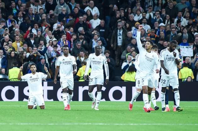(250123) -- MADRID, Jan. 23, 2025 -- Players of Real Madrid celebrate a goal during the Champions League football match between Real Madrid and Salzburg in Madrid, Spain, Jan. 22, 2025. (Photo by Xinhua) (SP)SPAIN-MADRID-FOOTBALL-CHAMPIONS LEAGUE-REAL MADRID VS SALZBURG GustavoxValiente 