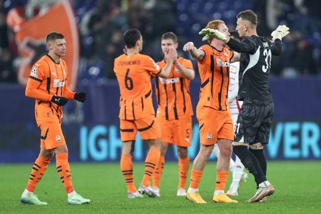 Georgiy Sudakov Shakhtar Donetsk , Taras Stepanenko Shakhtar Donetsk , Valeriy Bondar Shakhtar Donetsk , Yukhym Konoplia Shakhtar Donetsk and goalkeeper Dmytro Riznyk Shakhtar Donetsk celebrate after winning during the UEFA Champions League 2024 25 League Phase MD7 match between FC Shakhtar Donetsk and Stade Brestois 29 at Veltins Arena on January 22, 2025 in Gelsenkirchen, Germany Photo by Oliver Kaelke DeFodi Images Defodi 678 2025 01 21 OK SHASTA 1897 Defodi-678