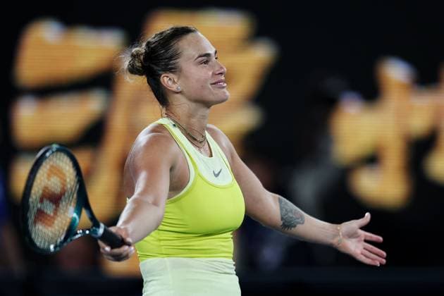 Aryna Sabalenka celebrates winning her semi-final match against Badosa in the Rod Laver Arena Australian Open, Day Twelve, Tennis, Melbourne Park, Melbourne, Australia - 23 Jan 2025  Copyright: xEllaxLing Shutterstockx 15108783ax