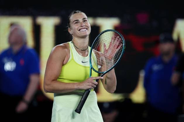 Aryna Sabalenka celebrates winning her semi-final match against Badosa in the Rod Laver Arena Australian Open, Day Twelve, Tennis, Melbourne Park, Melbourne, Australia - 23 Jan 2025  Copyright: xEllaxLing Shutterstockx 15108783ay