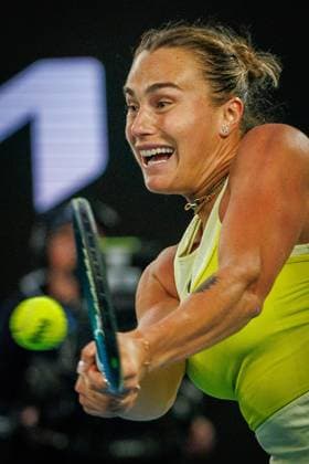 Belarussian Aryna Sabalenka pictured in action during a tennis match between Belarusian Sabalenka and Spanish Badosa, in the semi finals of the women s singles at the Australian Open Grand Slam tennis tournament, Thursday 23 January 2025 in Melbourne Park, Melbourne, Australia. The 2025 edition of the Australian Grand Slam takes place from January 12th to January 26th. PATRICKxHAMILTON  x110978785x