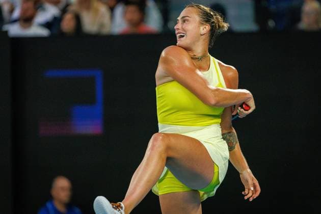 Belarussian Aryna Sabalenka pictured in action during a tennis match between Belarusian Sabalenka and Spanish Badosa, in the semi finals of the women s singles at the Australian Open Grand Slam tennis tournament, Thursday 23 January 2025 in Melbourne Park, Melbourne, Australia. The 2025 edition of the Australian Grand Slam takes place from January 12th to January 26th. PATRICKxHAMILTON  x110978787x