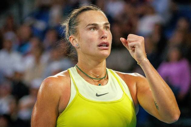 Belarussian Aryna Sabalenka reacts during a tennis match between Belarusian Sabalenka and Spanish Badosa, in the semi finals of the women s singles at the Australian Open Grand Slam tennis tournament, Thursday 23 January 2025 in Melbourne Park, Melbourne, Australia. The 2025 edition of the Australian Grand Slam takes place from January 12th to January 26th. PATRICKxHAMILTON  x110978807x