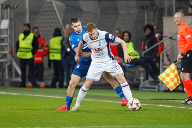 David Jurasek TSG Hoffenheim, 19 and Dejan Kulusevski Tottenham Hotspur, 21 in duel , Soccer, UEFA Europa League, Matchday 7, 2024 2025, TSG Hoffenheim vs Tottenham Hotspur, 23 01 2025, Rhein Neckar Arena, Sinsheim, Germany Sinsheim Rhein Neckar Arena Baden Württemberg Germany Copyright: xGrantxHubbsx
