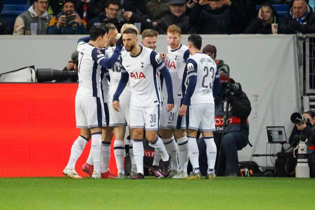 Goal celebration Tottenham Hotspur at 0 1 by James Maddison Tottenham Hotspur, 10 , Soccer, UEFA Europa League, Matchday 7, 2024 2025, TSG Hoffenheim vs Tottenham Hotspur, 23 01 2025, Rhein Neckar Arena, Sinsheim, Germany Sinsheim Rhein Neckar Arena Baden Württemberg Germany Copyright: xGrantxHubbsx