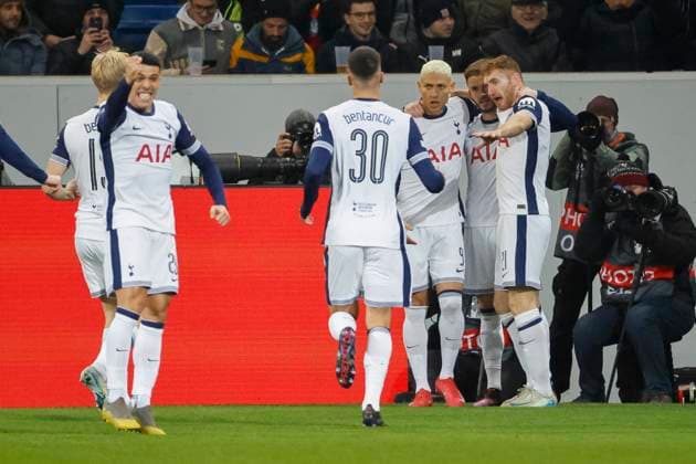 Goal celebration Tottenham Hotspur at 0 1 by James Maddison Tottenham Hotspur, 10 , Soccer, UEFA Europa League, Matchday 7, 2024 2025, TSG Hoffenheim vs Tottenham Hotspur, 23 01 2025, Rhein Neckar Arena, Sinsheim, Germany Sinsheim Rhein Neckar Arena Baden Württemberg Germany Copyright: xGrantxHubbsx