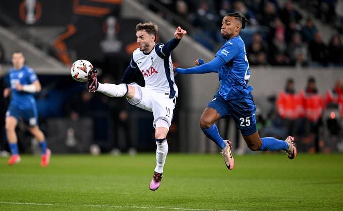 FOOTBALL EUROPE LEAGUE SEASON 2024 2025 Preliminary Round 7 Matchday TSG 1899 Hoffenheim Tottenham Hotspur 23 01 2025 James Maddison left, Tottenham Hotspur v Kevin Akpoguma right, TSG 1899 Hoffenheim