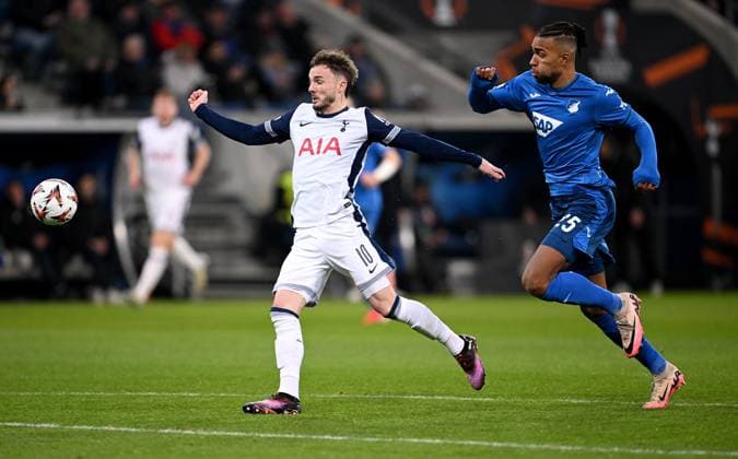 FOOTBALL EUROPE LEAGUE SEASON 2024 2025 Preliminary Round 7 Matchday TSG 1899 Hoffenheim Tottenham Hotspur 23 01 2025 James Maddison left, Tottenham Hotspur v Kevin Akpoguma right, TSG 1899 Hoffenheim