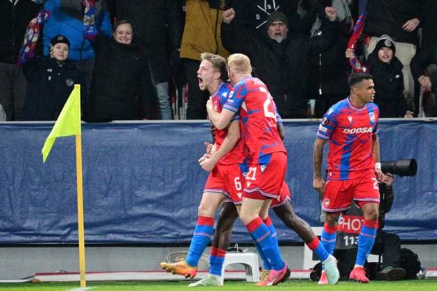 L-R Lukas Cerv and Vaclav Jemelka of Pilsen celebrate the first goal in the football Europa League 7th round match FC Viktoria Plzen vs RSC Anderlecht Brussels in Pilsen, Czech Republic, January 23, 2025. (CTKxPhoto MichalxKamaryt) CTKPhotoP2025012307598  CTKPhotoP2025012307598