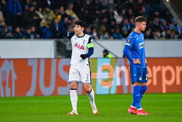 Heung Min Son Tottenham Hotspur celebrates his first goal during the UEFA Europa League 2024 25 League Phase MD7 match between TSG 1899 Hoffenheim v Tottenham Hotspur at PreZero Arena on January 23, 2025 in Hoffenheim, Germany Photo by Silas Schueller DeFodi Images Defodi 738 738 HOFTOT 20250123 140 Defodi-738
